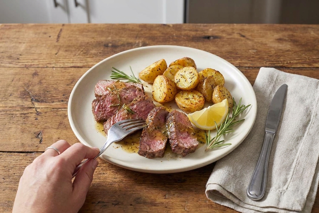 A plated dinner of sliced pan-seared lamb loin steaks with a glossy lemon-rosemary pan sauce, served with roasted potatoes on a simple ceramic plate at a wooden table