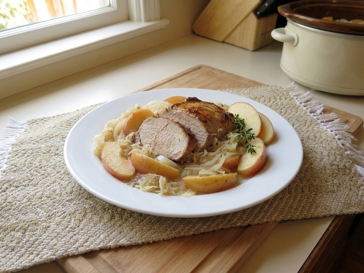 A plated dinner of sliced pork with sauerkraut and apple wedges, served on a white plate with a simple table setting