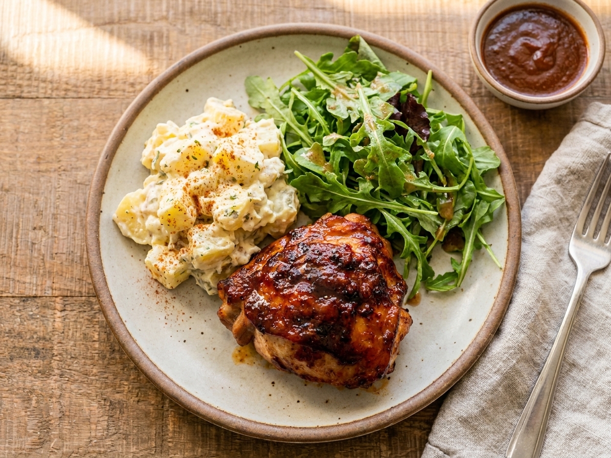 A plated dinner with a BBQ chicken thigh, a scoop of potato salad, and a simple green salad on a wooden table