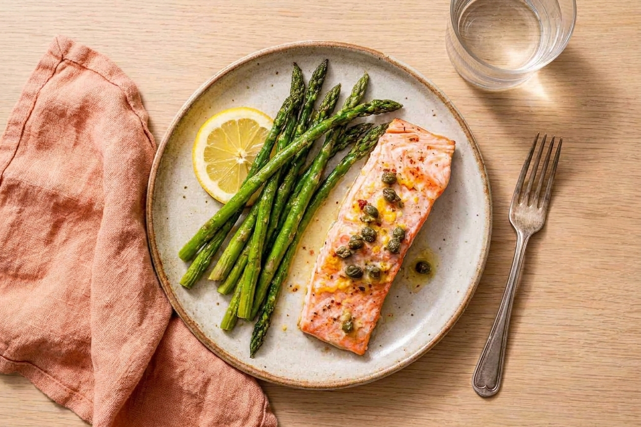 A plated dinner with a roasted salmon f illet and asparagus spears, topped with lemony garlic butter and herbs, set on a simple table setting with a fork and linen napkin