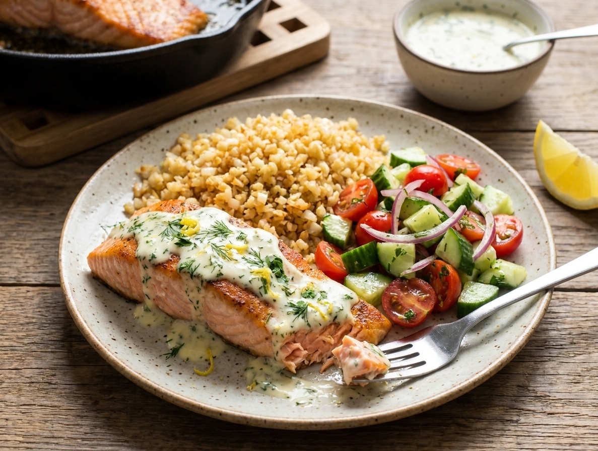 A plated dinner with a salmon flllet drizzled in lemon herb sauce beside a mound of cauliflower rice and a cucumber tomato salad
