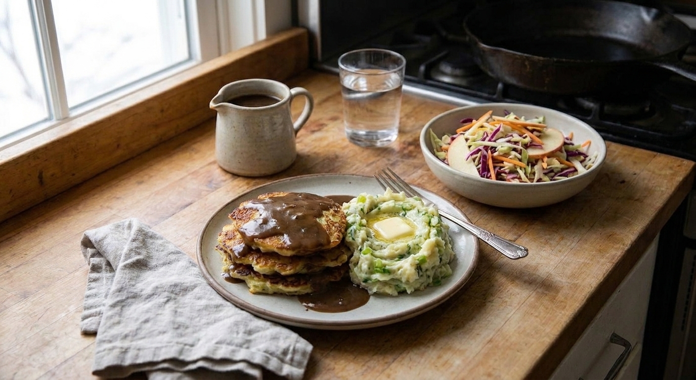 A plated dinner with boxty potato pancakes topped with Guinness gravy beside a scoop of colcannon and a pile of apple cabbage slaw