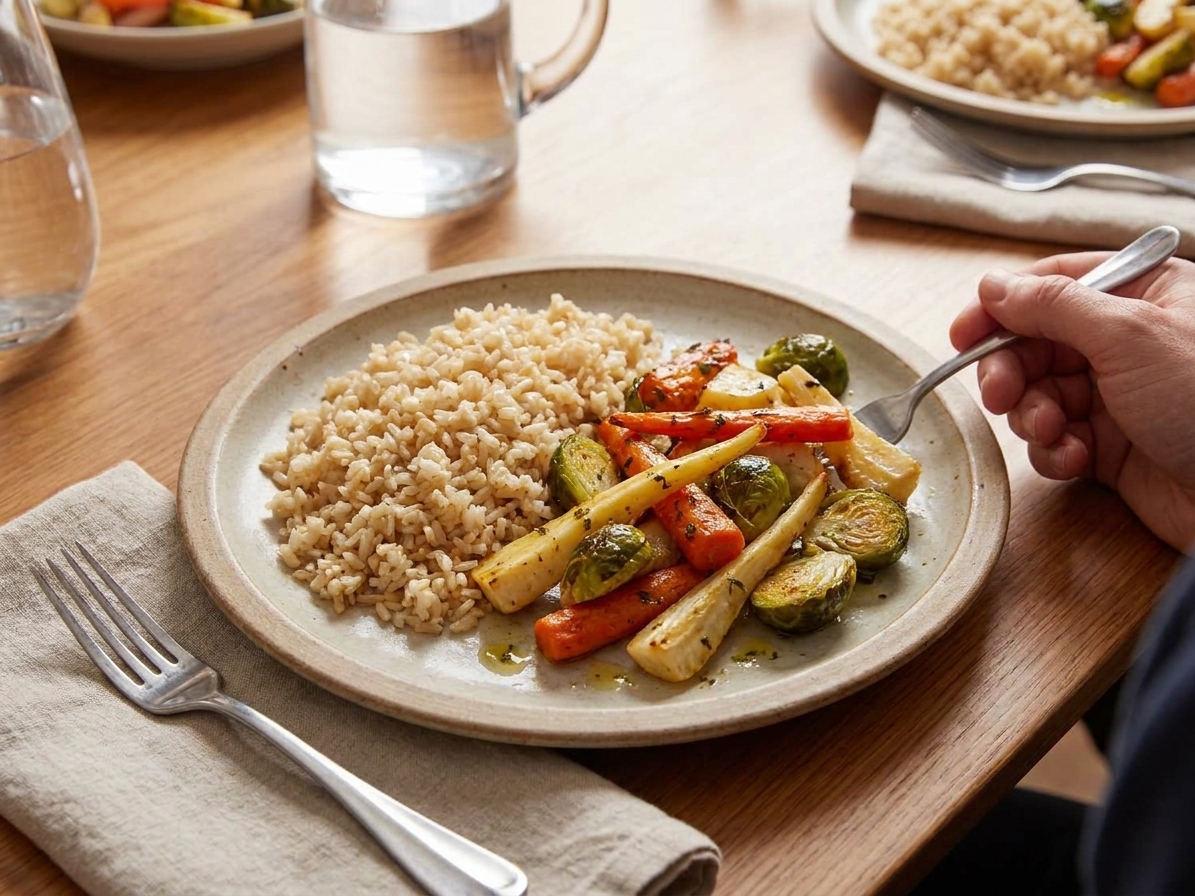 A plated dinner with brown rice as a side, alongside roasted vegetables on a simple ceramic plate at a family table