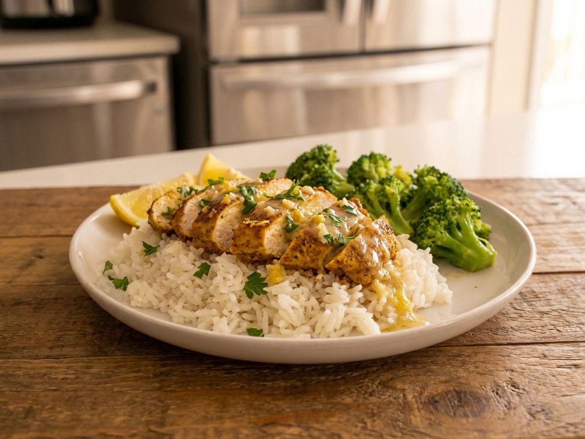 A plated dinner with fluffy rice topped with sliced chicken and a glossy lemon-garlic butter drizzle, set on a simple wooden table