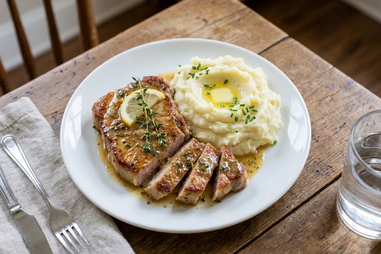A plated dinner with sliced boneless pork loin chop topped with lemon herb pan sauce, served alongside mashed potatoes on a simple family dining table
