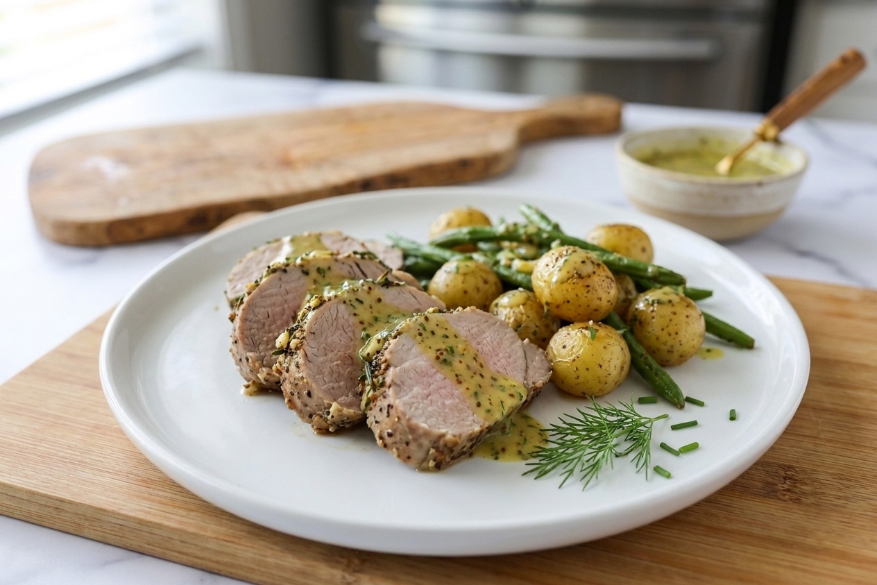 A plated dinner with sliced pork tenderloin, roasted baby potatoes, green beans, and mustard herb sauce on a simple white plate at a kitchen table
