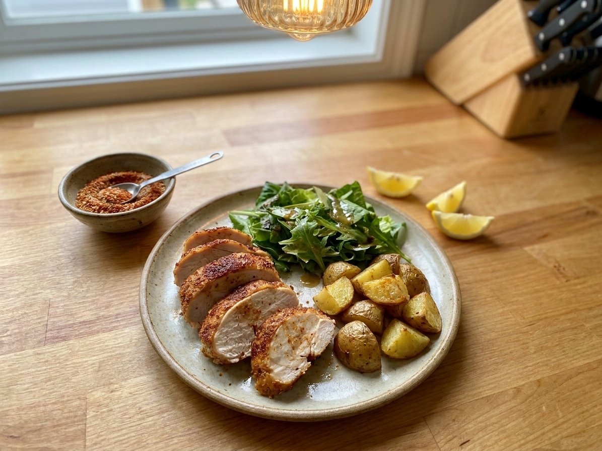 A plated dinner with sliced roast chicken, roasted potatoes, and a simple green salad on a wooden table with warm kitchen lighting