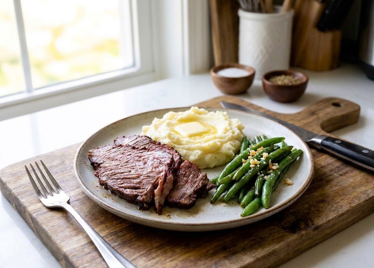 A plated dinner with sliced smoked chuck roast, mashed potatoes, and green beans on a simple ceramic plate at a wooden table setting