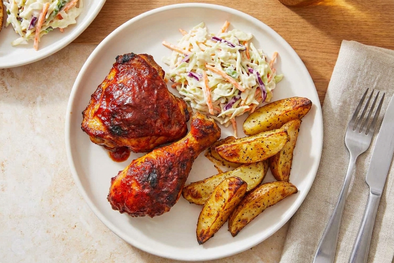 A plated dinner with sticky barbecue chicken, creamy coleslaw, and roasted potatoes on a simple family table setting