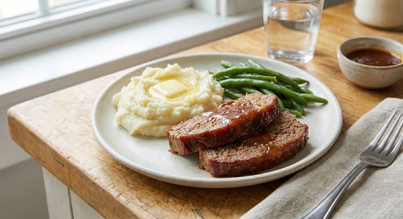 A plated dinner with two slices of glazed meatloaf, mashed potatoes, and green beans on a simple white plate at a dinner table