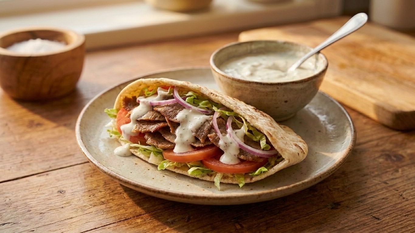 A plated doner meat pita with shredded lettuce, sliced tomatoes, onions, and a bowl of yogurt sauce on a simple dinner table