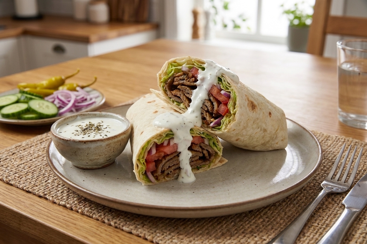 A plated doner wrap cut in half with a small bowl of yogurt sauce and sliced vegetables on a casual dinner table