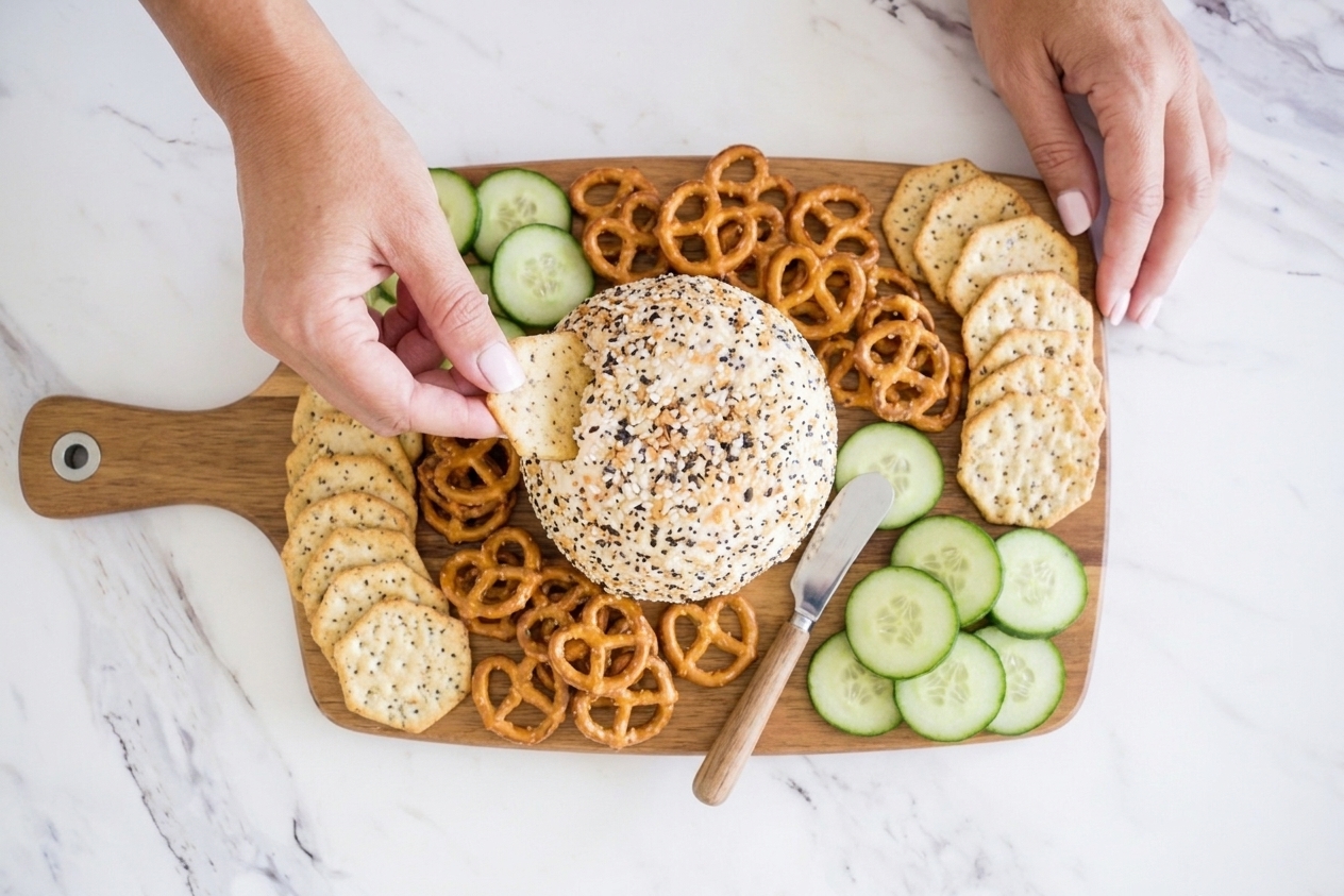 A plated everything bagel cream cheese ball on a serving board with crackers, pretzels, sliced cucumbers, and a small spreading knife