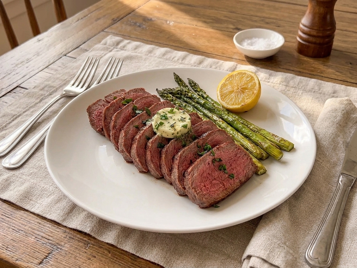 A plated filet mignon steak sliced and served with a simple side on a dining table with warm lighting and a neutral table setting