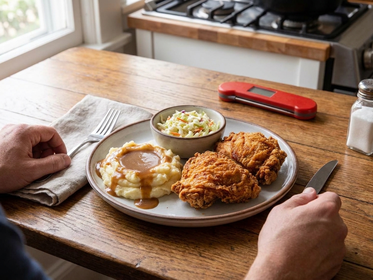 A plated fried chicken dinner with mashed potatoes, gravy, and coleslaw on a cozy dining table