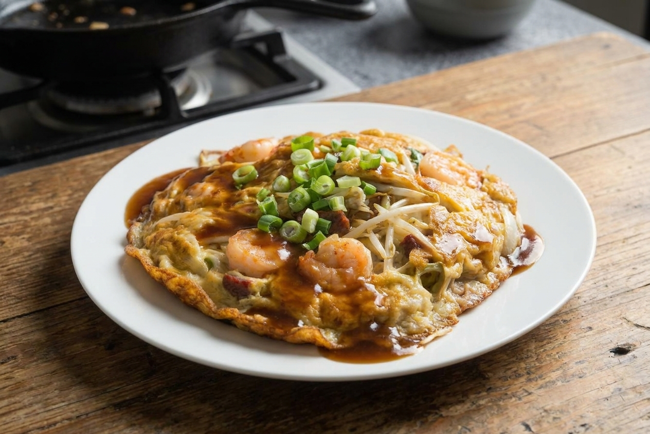 A plated fu yong egg omelet topped with glossy brown gravy and sliced scallions on a white dinner plate at a wooden table