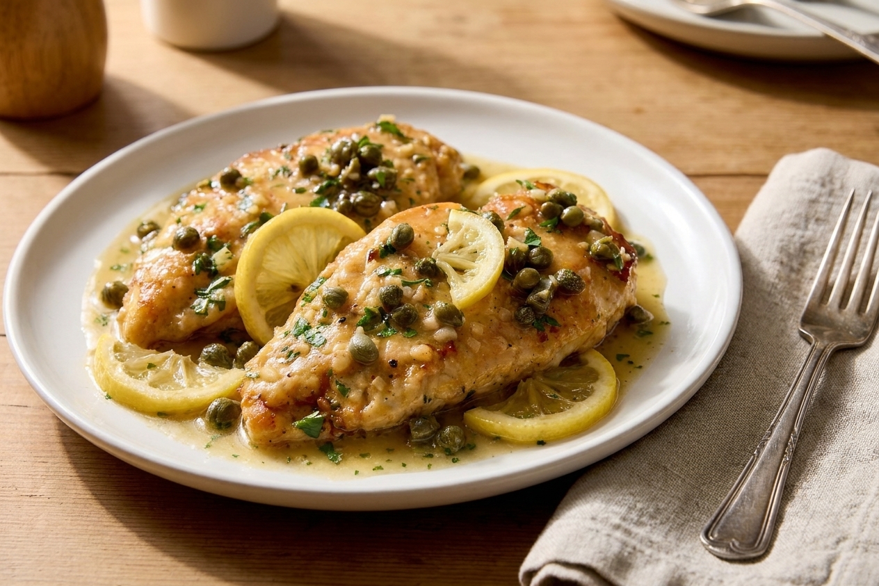 A plated gluten-free, dairy-free chicken piccata with lemon slices and capers in a glossy pan sauce on a white dinner plate, set on a warm kitchen table with a linen napkin