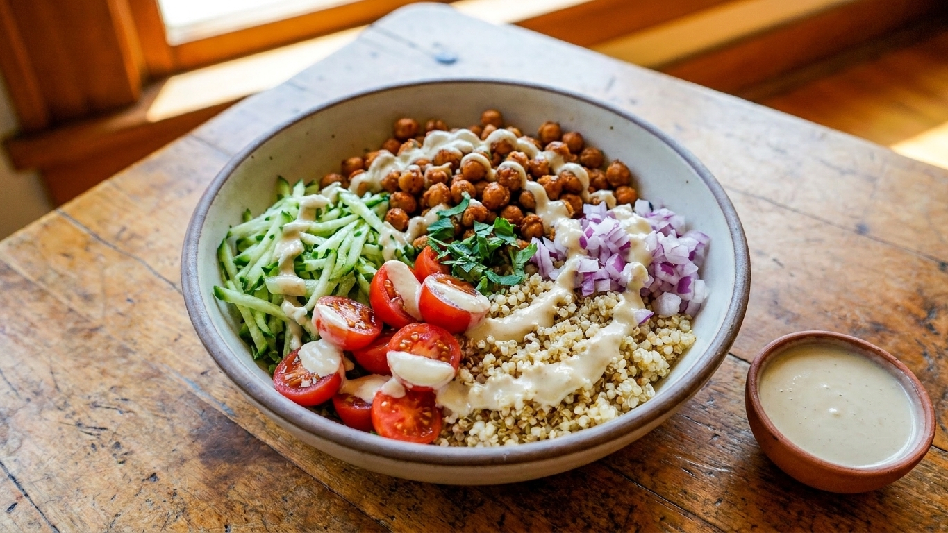 A plated grain bowl with crispy roasted garbanzo beans, shredded cucumber, tomatoes, red onion, and a drizzle of lemon tahini sauce on a wooden table in warm natural light
