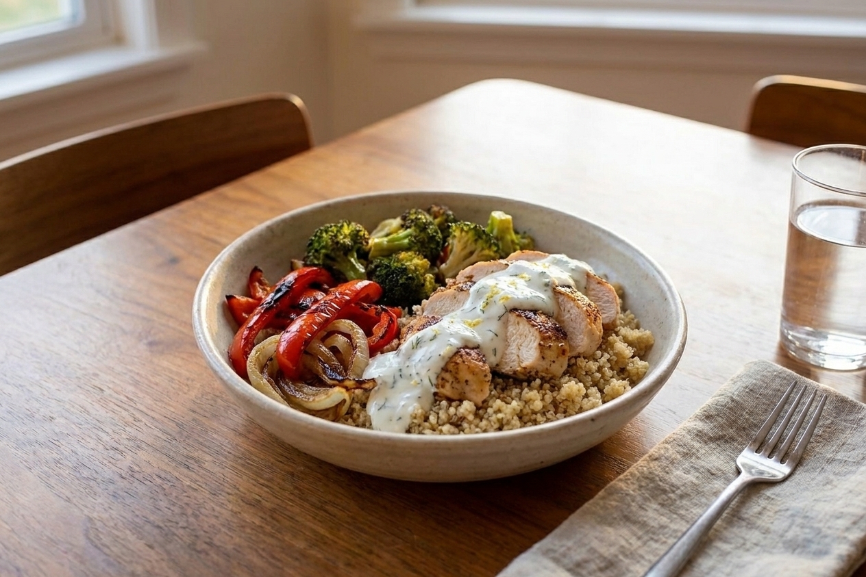 A plated grain bowl with roasted chicken, broccoli, peppers, and onions topped with a drizzle of lemony yogurt sauce on a simple weeknight table setting
