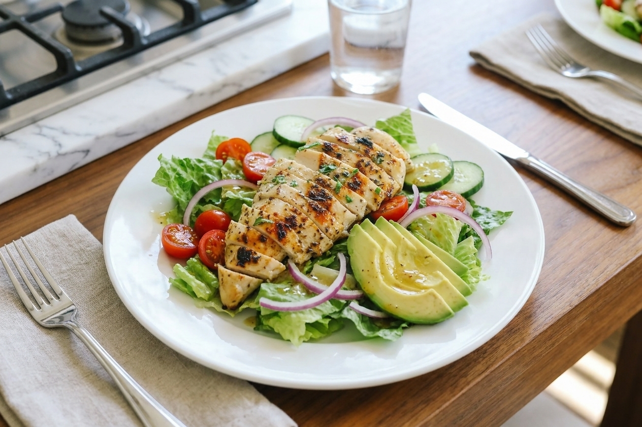 A plated grilled chicken salad on a white plate with romaine, cherry tomatoes, cucumber, red onion, avocado, and a light sheen of dressing on a dinner table setting