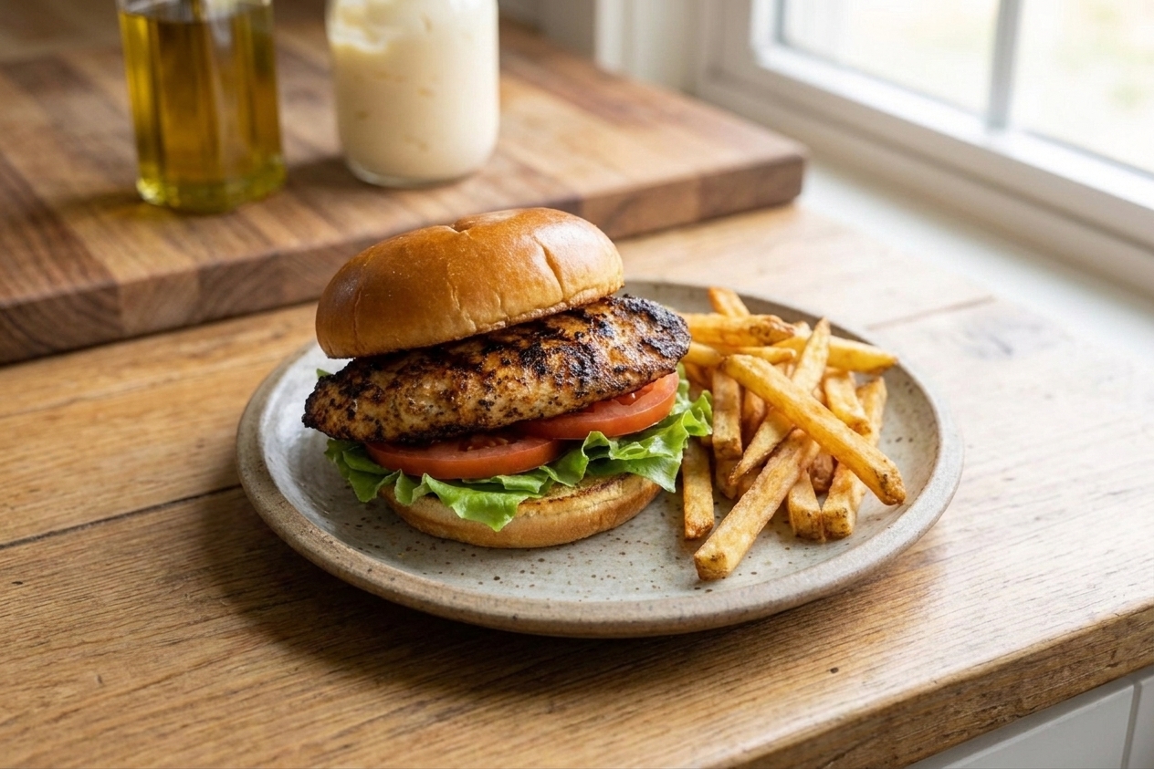 A plated grilled chicken sandwich on a toasted brioche bun with char marks on the chicken, lettuce and tomato, and a small pile of fries on a stoneware plate on a bright kitchen table