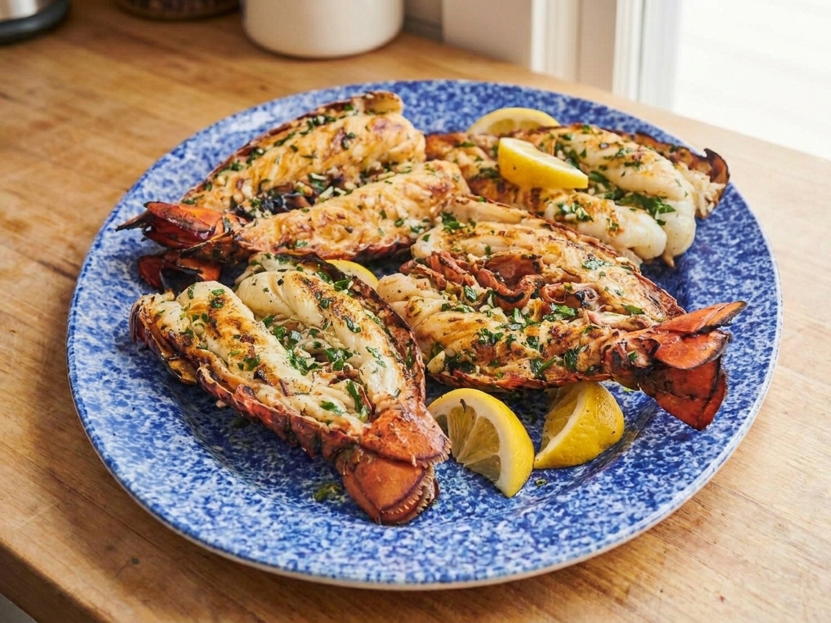 A plated grilled lobster tail brushed with butter, served with lemon wedges and chopped parsley on a dinner plate
