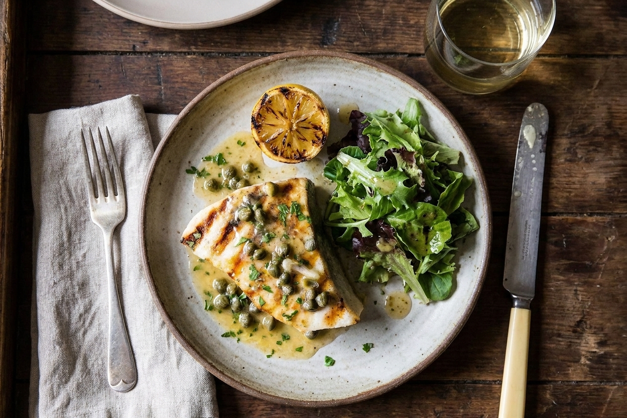A plated grilled swordfish steak topped with lemon caper butter, served with grilled lemon and a simple green side on a neutral dinner table setting