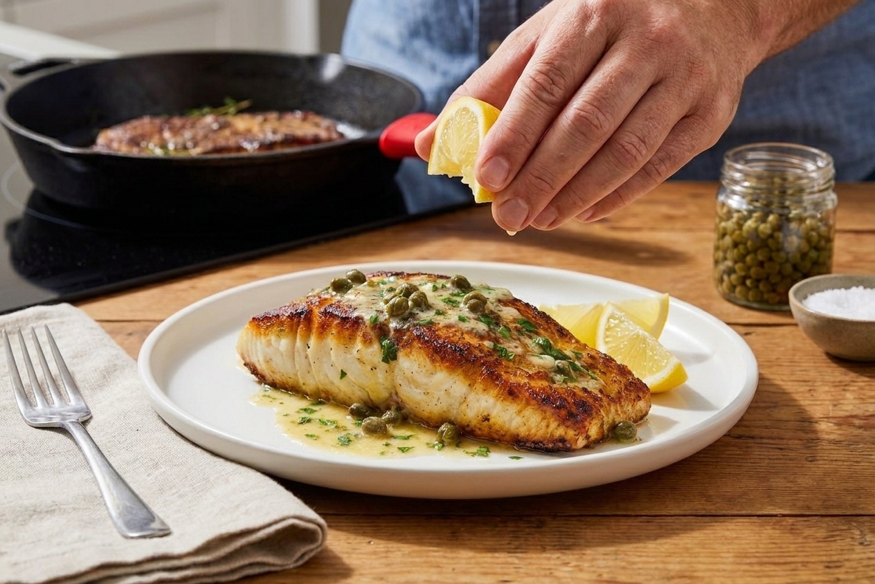 A plated halibut fillet topped with glossy lemon caper butter and chopped parsley, served with a lemon wedge on the side