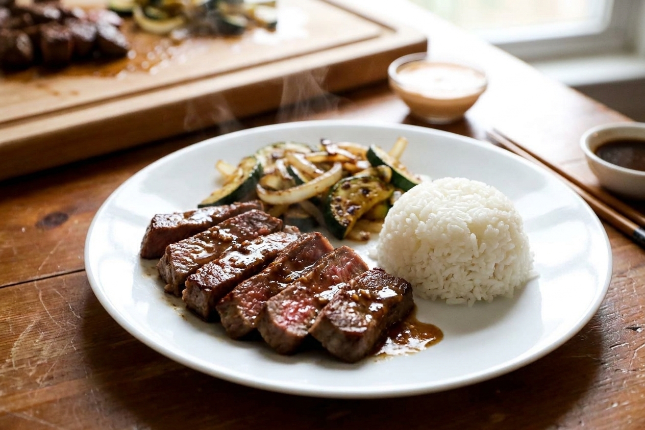 A plated hibachi steak dinner with sliced seared steak, glossy soy-garlic butter sauce, sauteed zucchini and onions, and a scoop of rice on a white plate at a wooden table