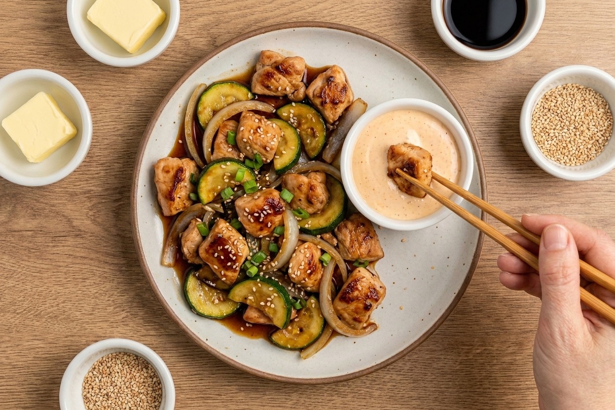 A plated hibachi-style chicken dinner with seared chicken pieces, sautéed zucchini and onions, and a small ramekin of creamy yum yum sauce on a warm, neutral-toned table setting