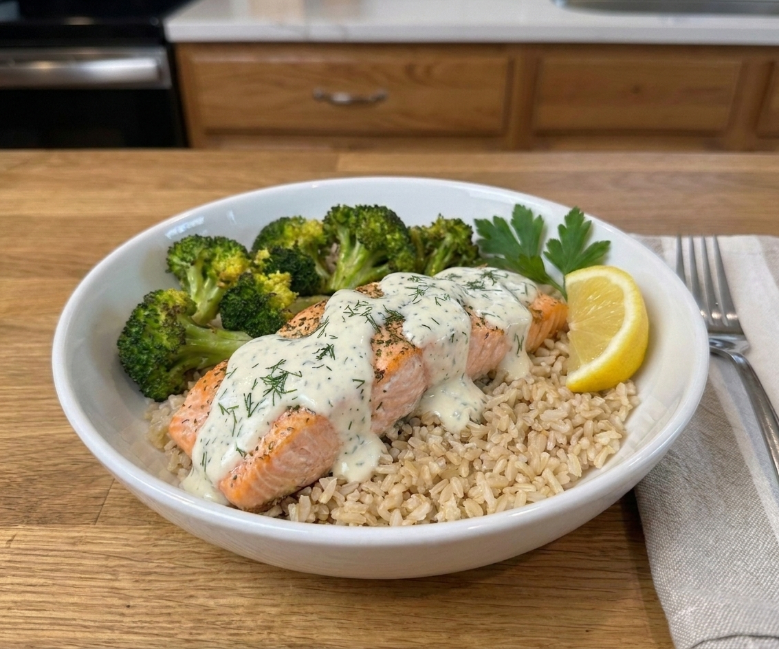 A plated high-protein salmon bowl with roasted broccoli, fluffy brown rice, and a creamy lemon yogurt sauce on a light kitchen table