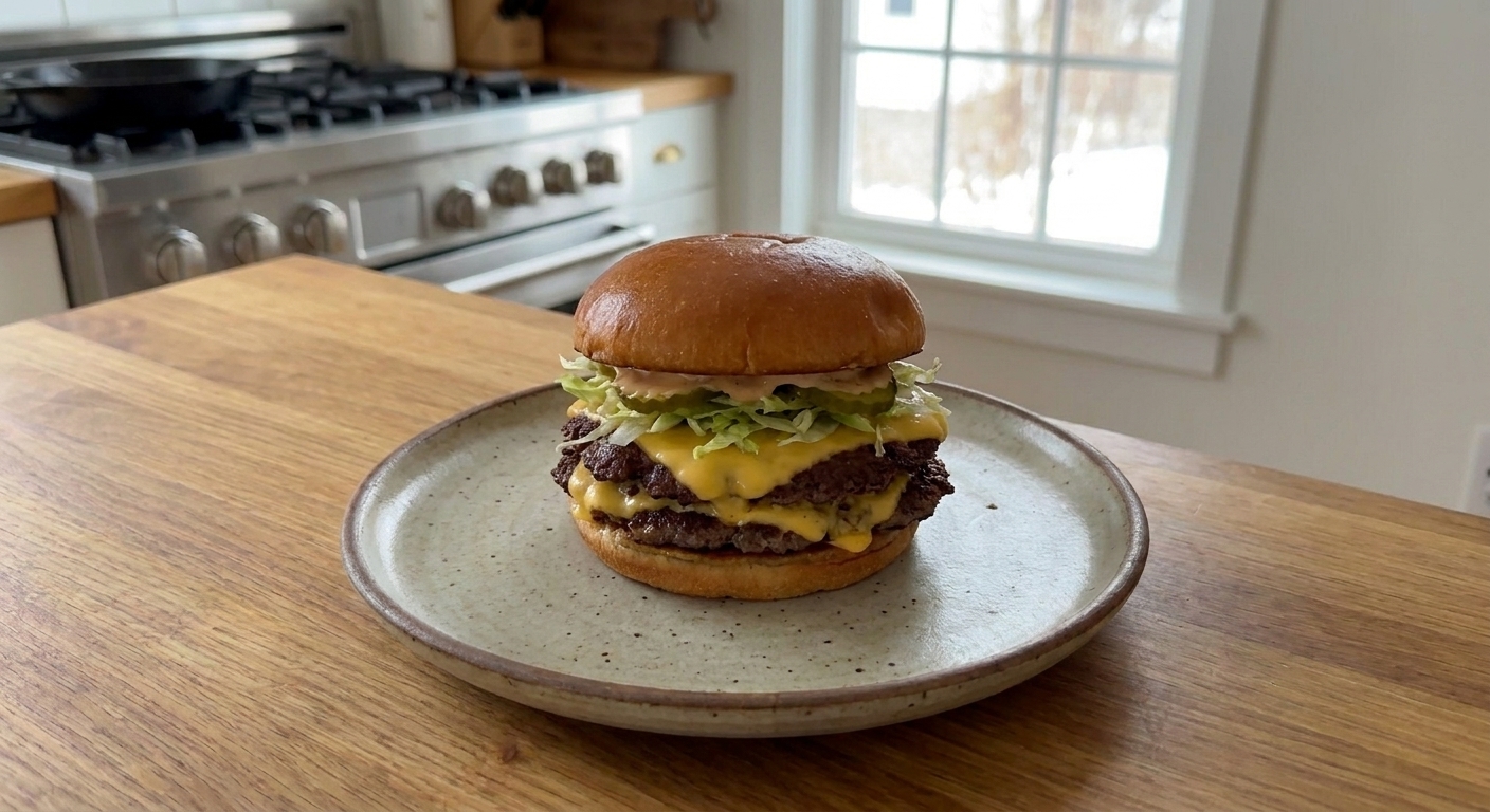 A plated homeburger with two thin smashed beef patties, melted American cheese, shredded lettuce, pickles, and burger sauce on a toasted bun, set on a simple dinner table with a skillet in the background