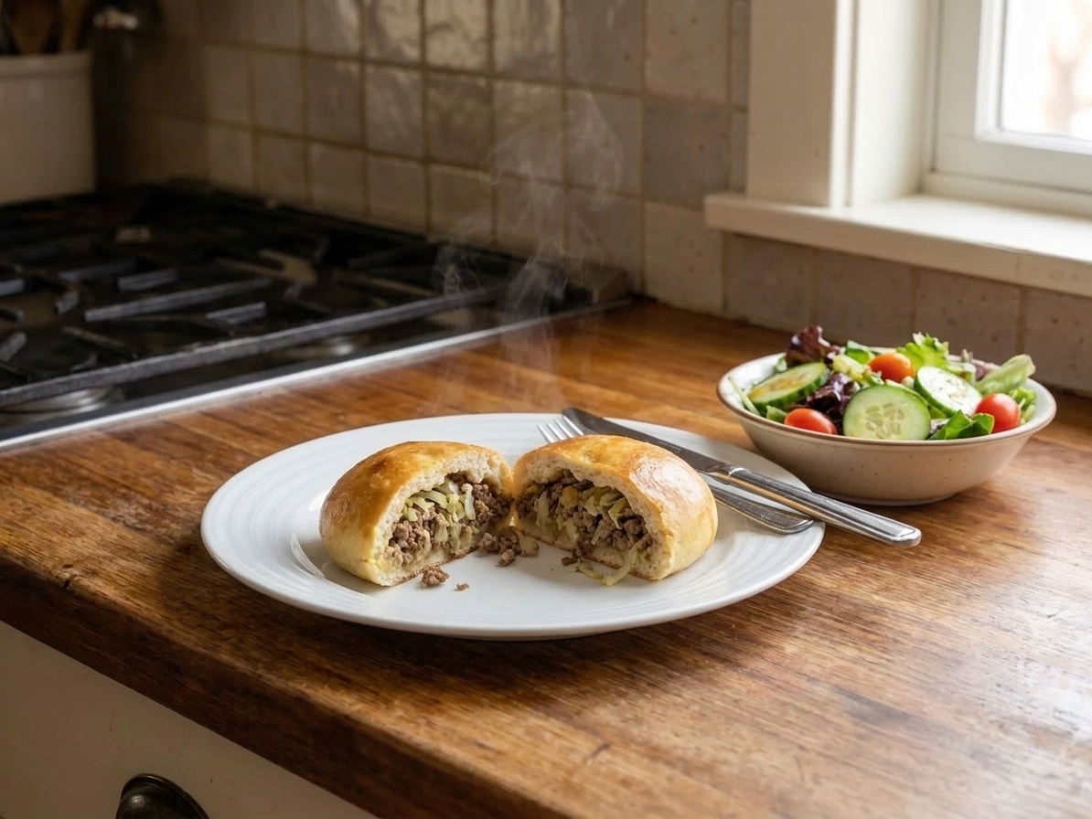 A plated homemade Runza cut open with visible beef and cabbage filling, set on a dinner table with a simple side salad