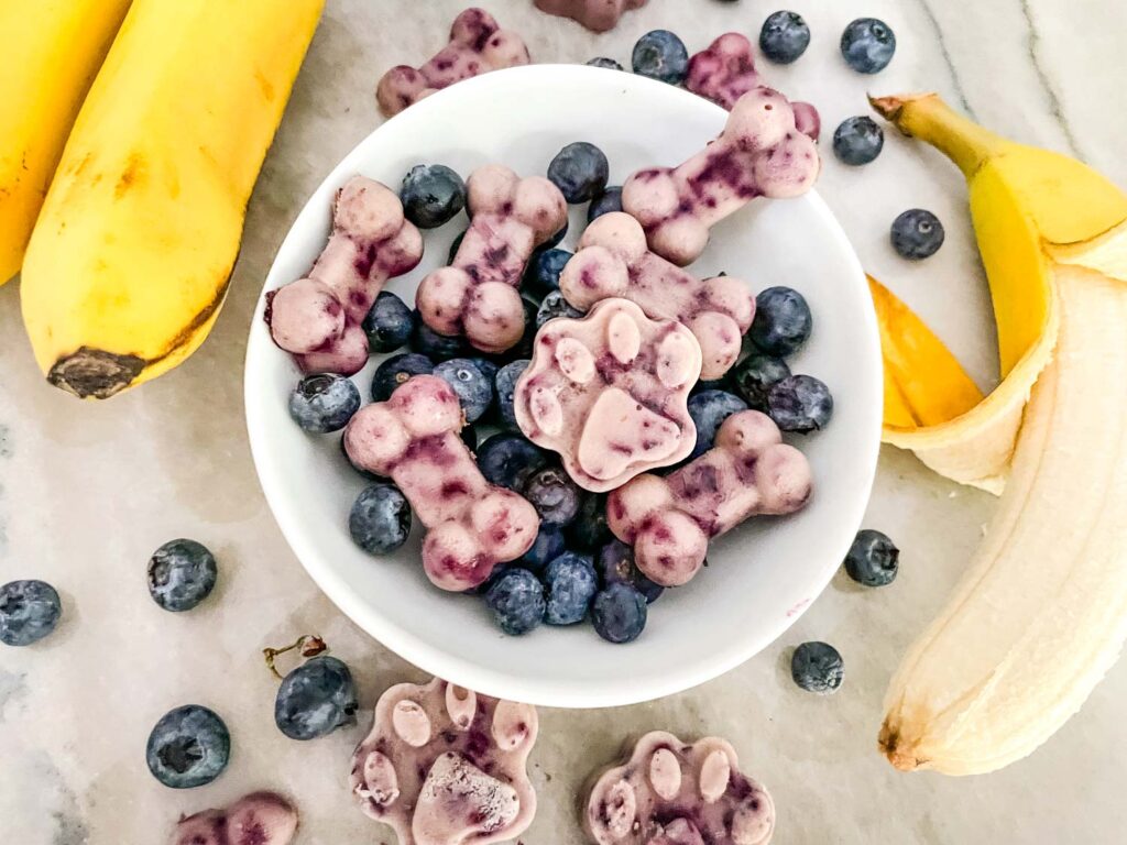 A plated homemade blueberry banana pupsicle on a small white plate beside a second pupsicle in a silicone mold, on a light stone kitchen counter with soft natural window light