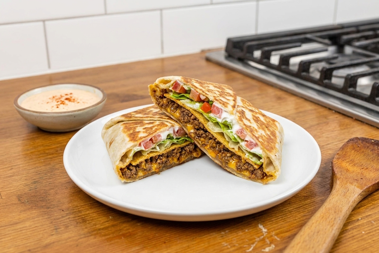 A plated homemade crunchwrap cut in half on a white plate with a small bowl of creamy sauce on the side, set on a simple kitchen table