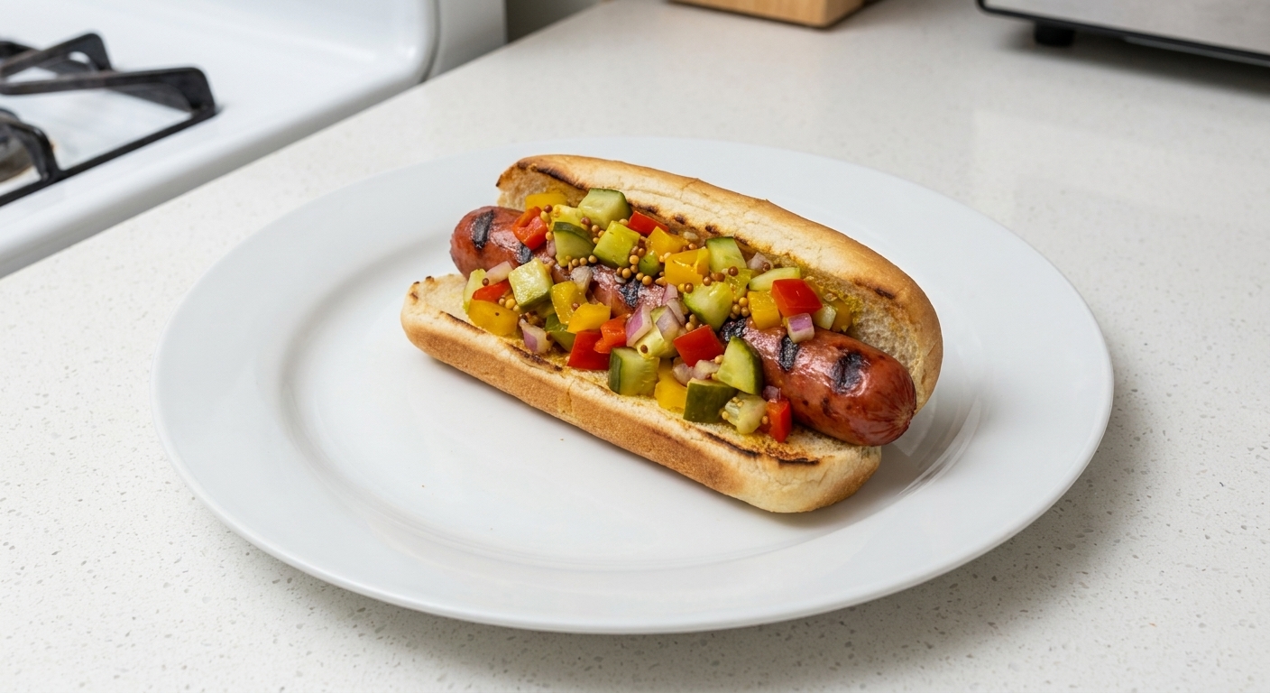 A plated hot dog in a bun topped with a spoonful of sweet pickle relish on a simple white plate at a kitchen table