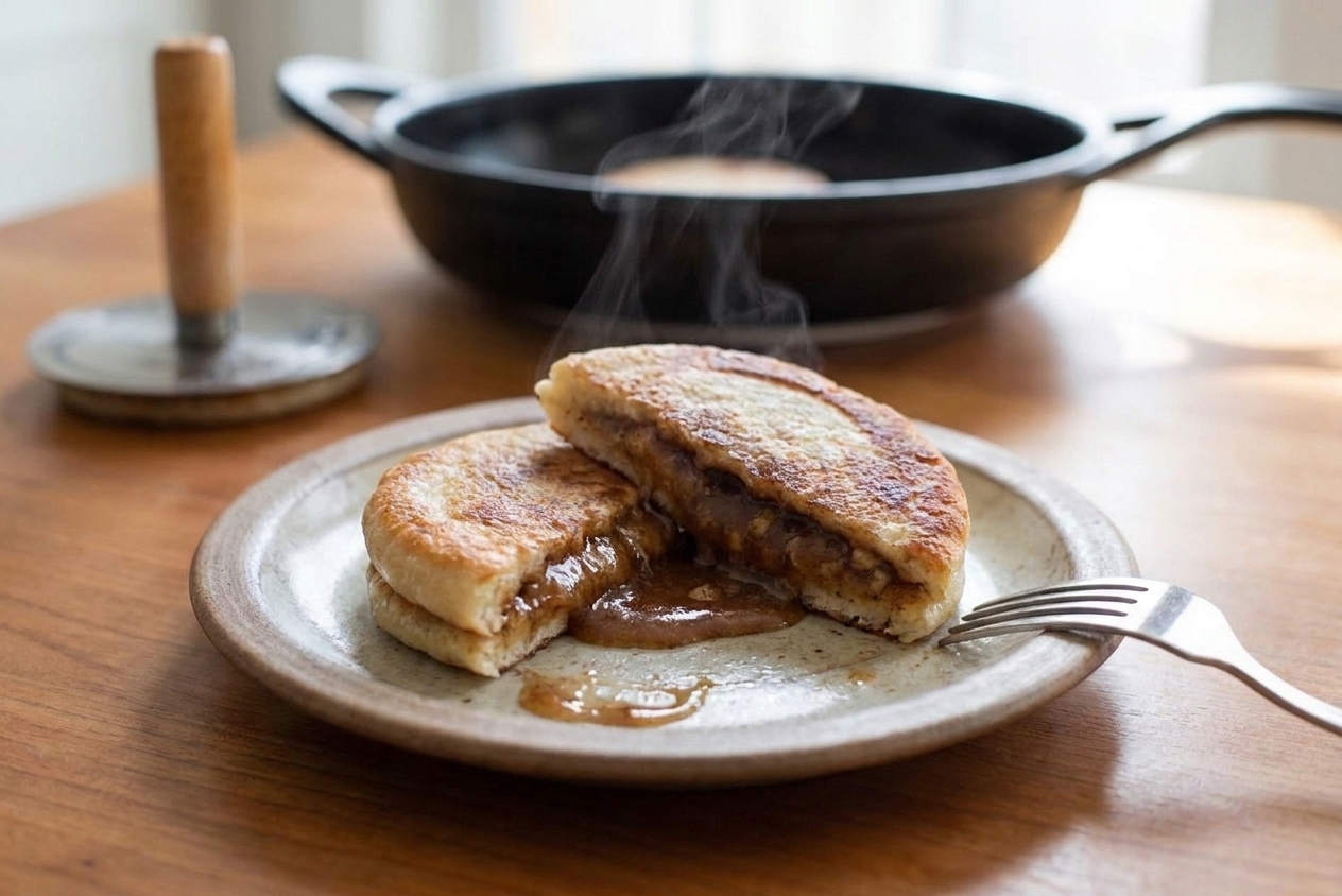 A plated hotteok cut open to show the gooey cinnamon brown sugar center on a cozy kitchen table, with a fork on the side