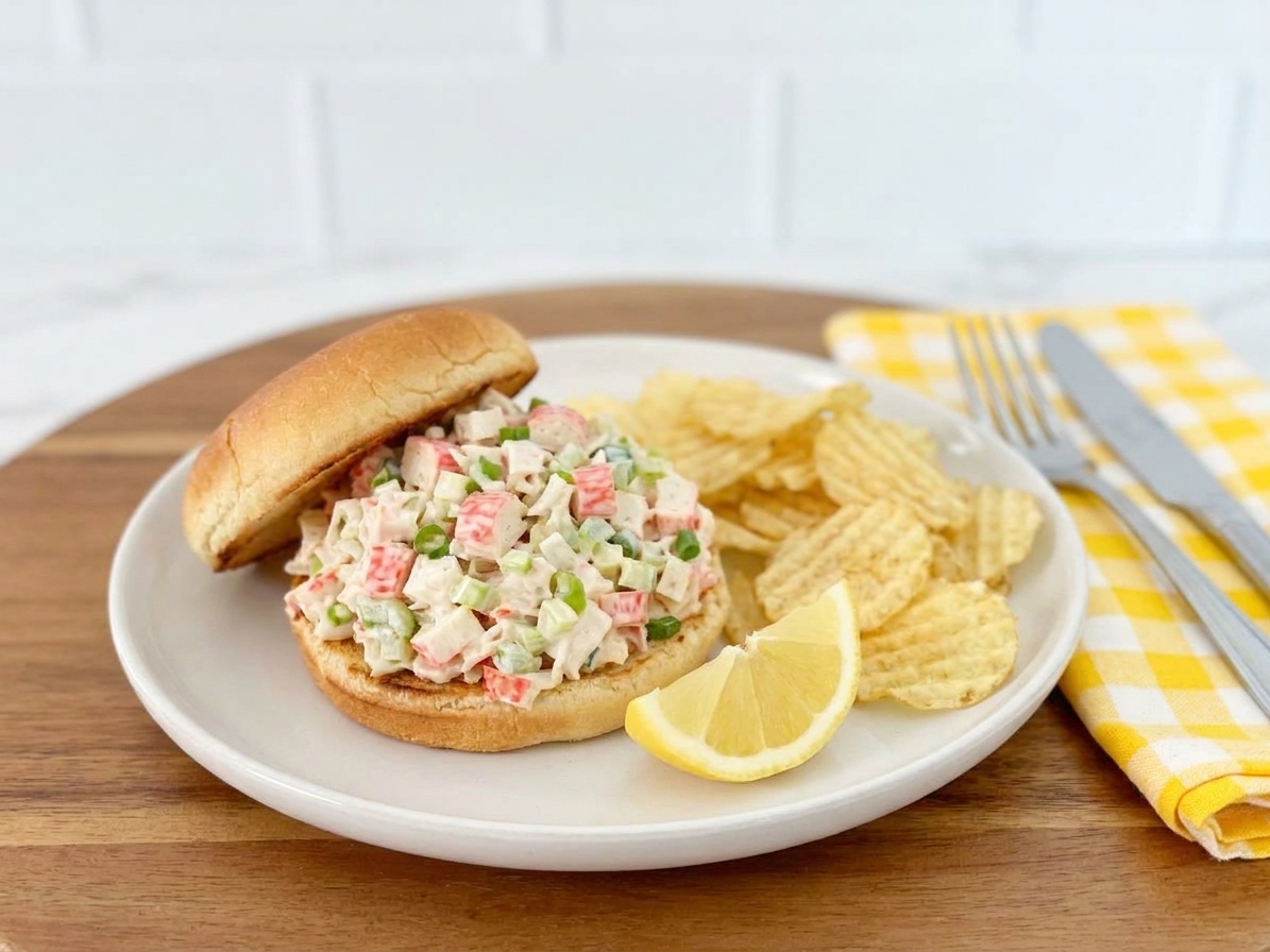 A plated imitation crab salad sandwich on a toasted bun with potato chips and a lemon wedge on a simple dinner table