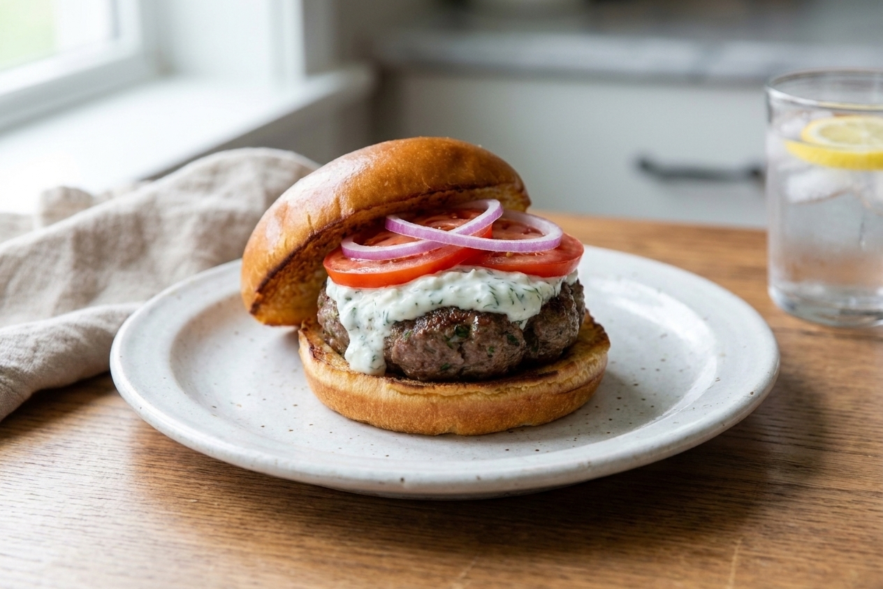A plated lamb burger on a toasted bun with feta yogurt sauce, sliced tomatoes, and red onion on a neutral ceramic plate on a wooden table