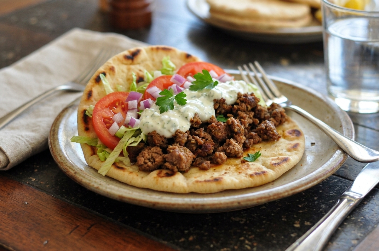 A plated lamb gyro in a warm pita filled with crumbled spiced lamb, tzatziki, tomatoes, red onion, and shredded lettuce on a wooden table with a casual weeknight setting