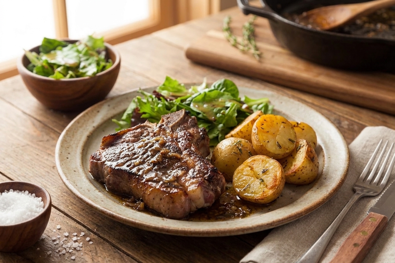 A plated lamb shoulder chop topped with garlic rosemary pan sauce next to roasted potatoes and a simple green salad on a dinner table with warm lighting