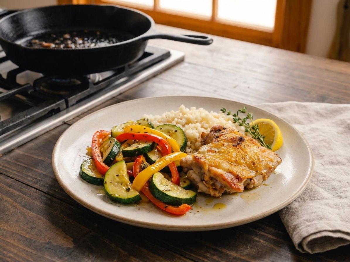 A plated lemon garlic chicken thigh with sautéed zucchini and bell peppers over cauliflower rice on a simple ceramic plate at a kitchen table