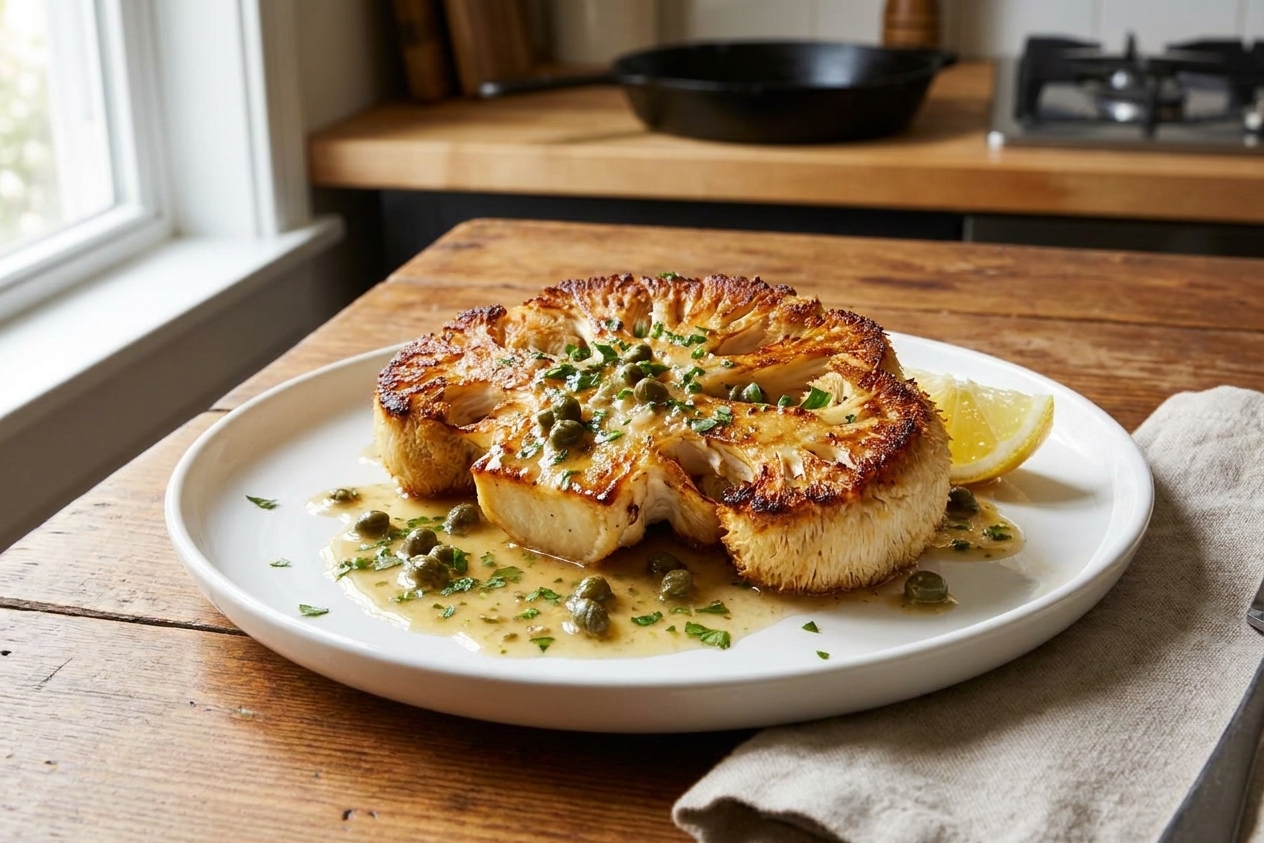 A plated lion’s mane mushroom steak with crisp golden edges, spooned with lemon caper pan sauce on a white plate, set on a warm wooden table with soft natural light