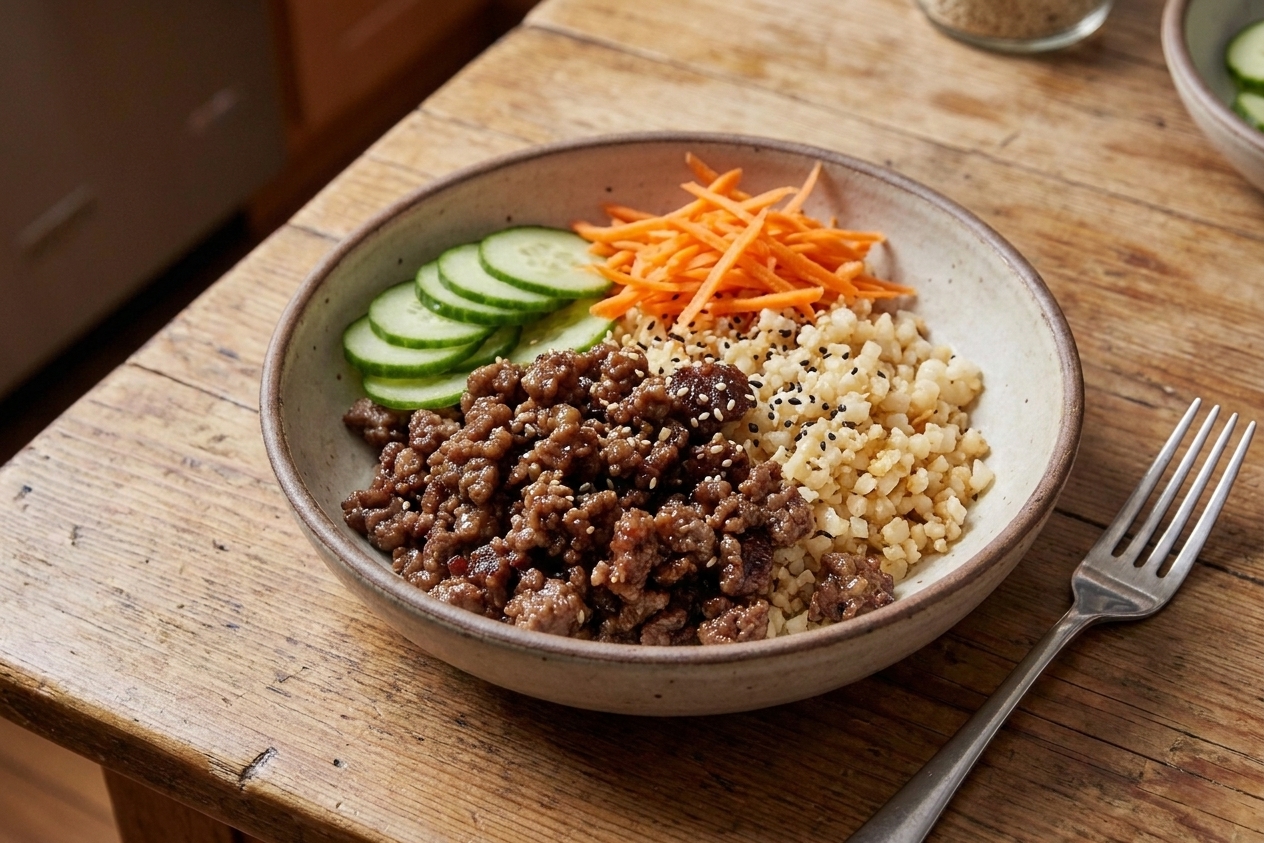 A plated low carb mince bowl with glossy garlic-ginger ground beef, cauliflower rice, sliced cucumber, shredded carrots, and sesame seeds in a neutral stoneware bowl on a wooden table