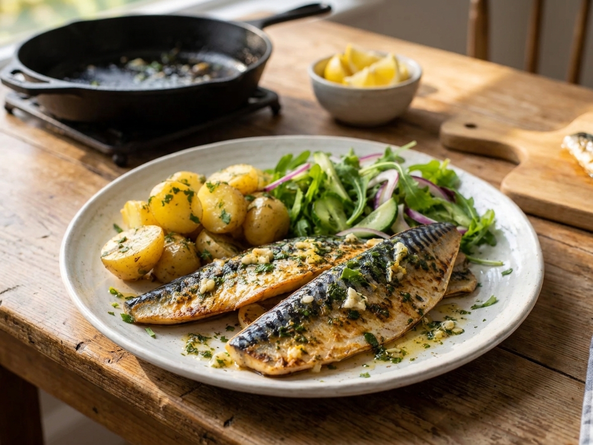 A plated mackerel fillet with lemon herb sauce next to roasted potatoes and a simple green salad on a wooden dinner table with warm lighting