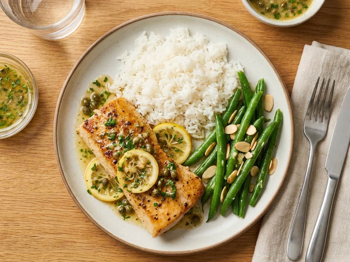 A plated mahi mahi fillet topped with lemon caper butter, served with rice and green beans on a dinner table with simple place settings