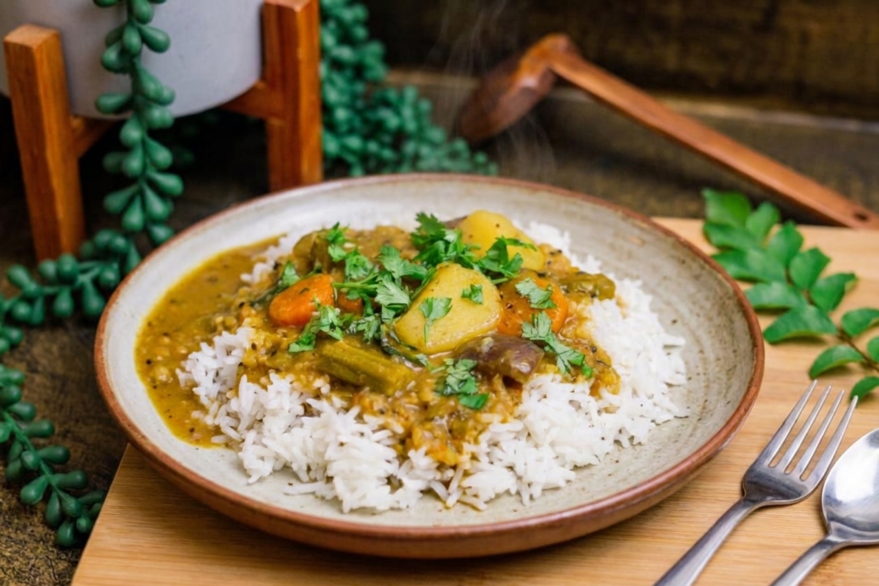 A plated meal with sambar poured over steamed rice, garnished with cilantro, set on a simple family dinner table