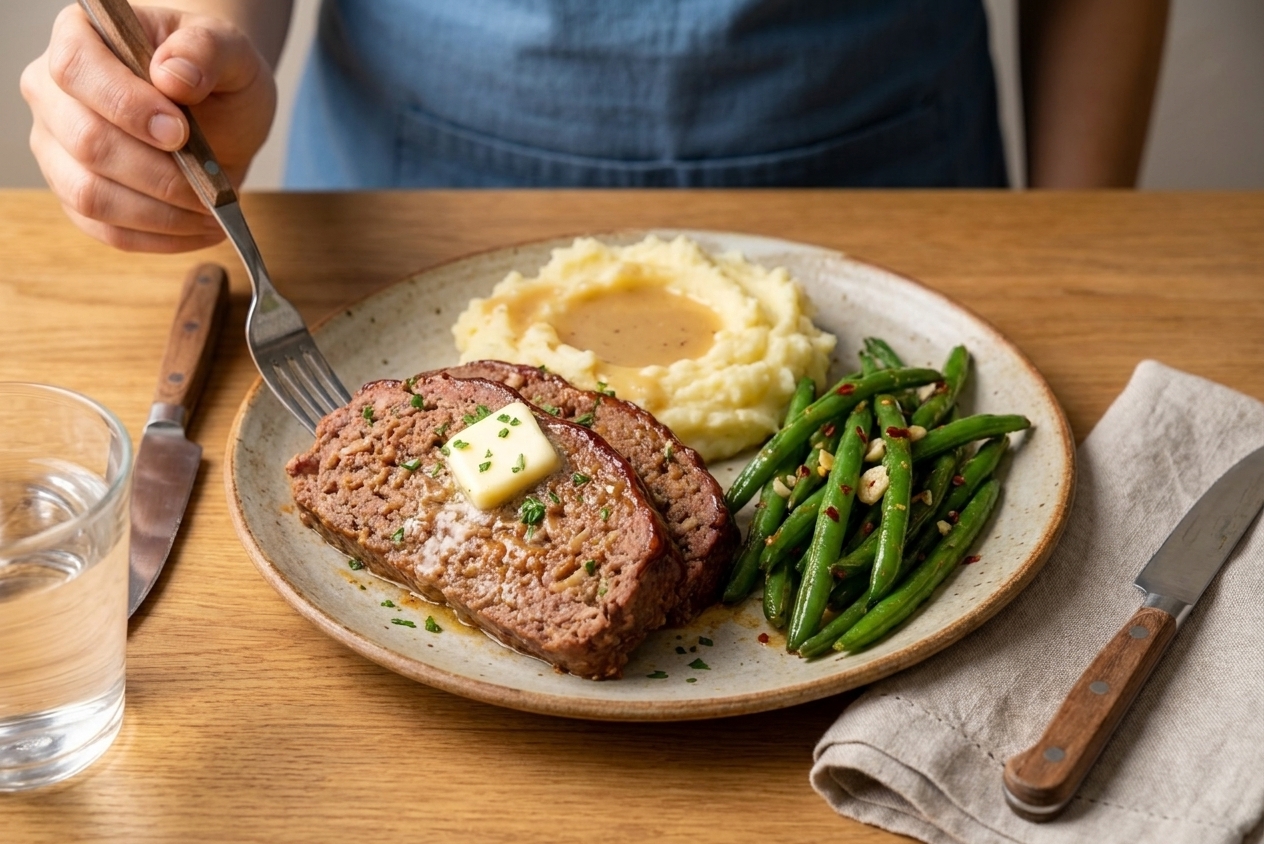 A plated meatloaf dinner with mashed potatoes and green beans on a simple family table setting.