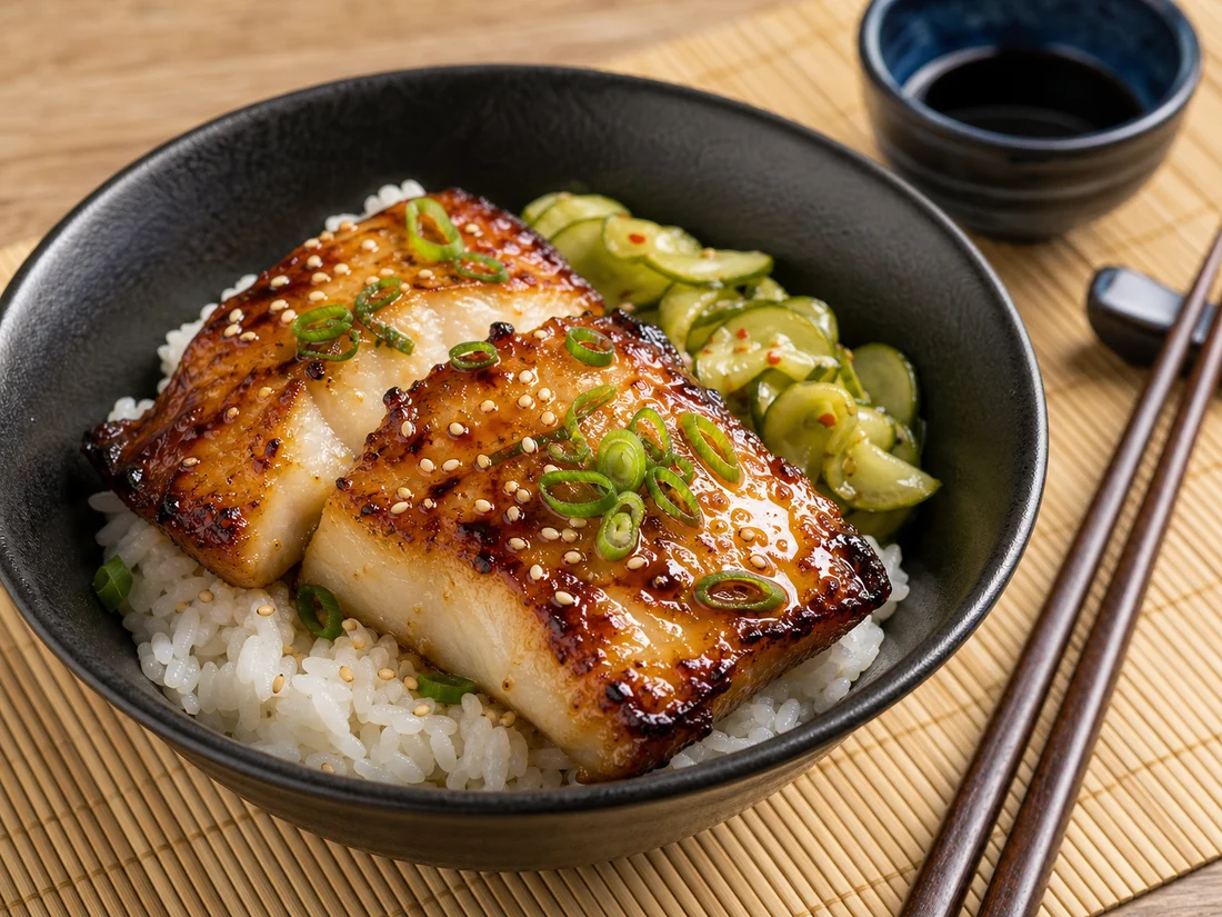 A plated miso glazed sablefish fillet with caramelized top, sliced scallions, and a small cucumber salad on a simple ceramic plate at a warmly lit kitchen table