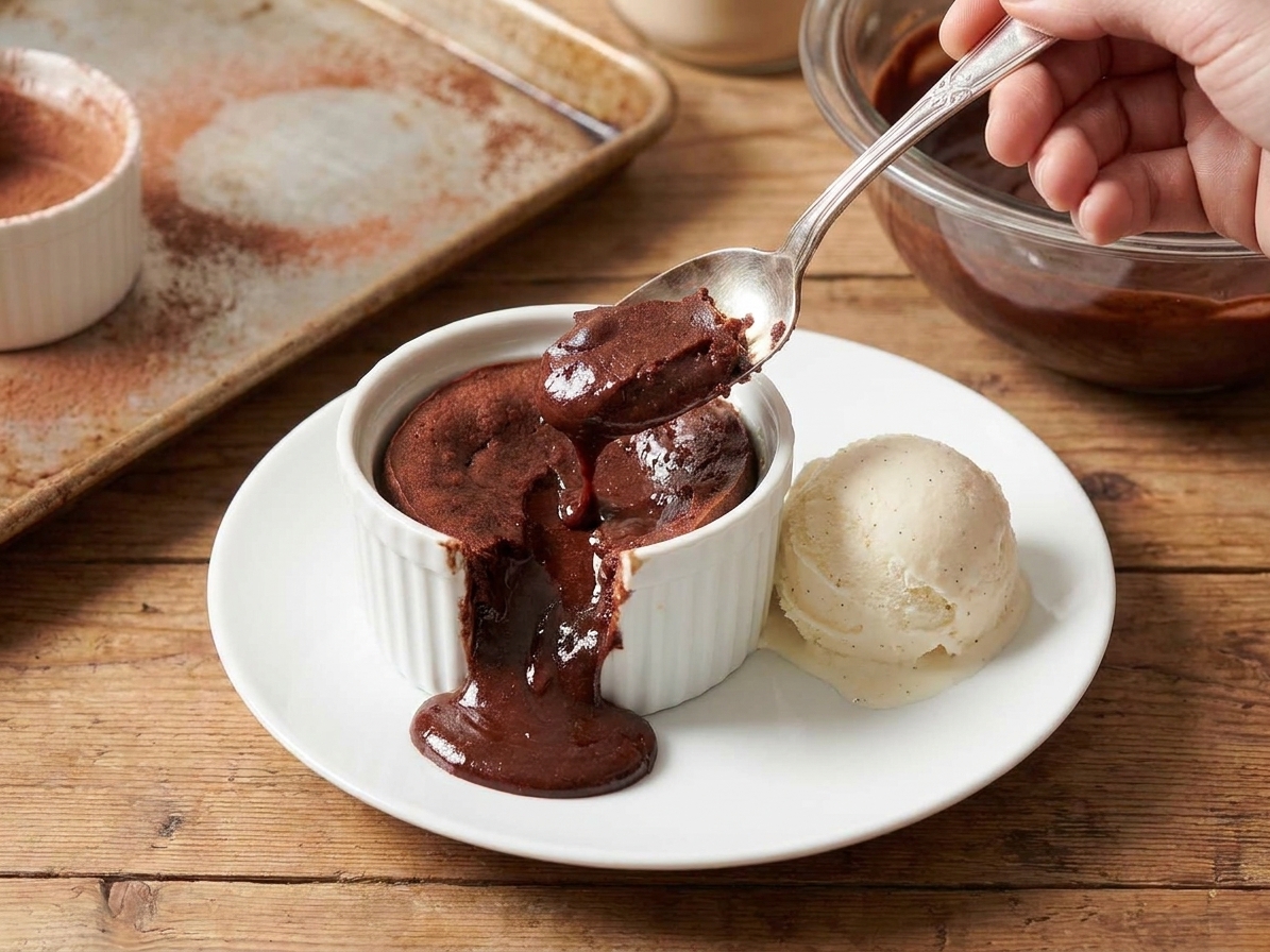 A plated molten lava cake cut open with warm chocolate flowing from the center, served with a scoop of vanilla ice cream on the side